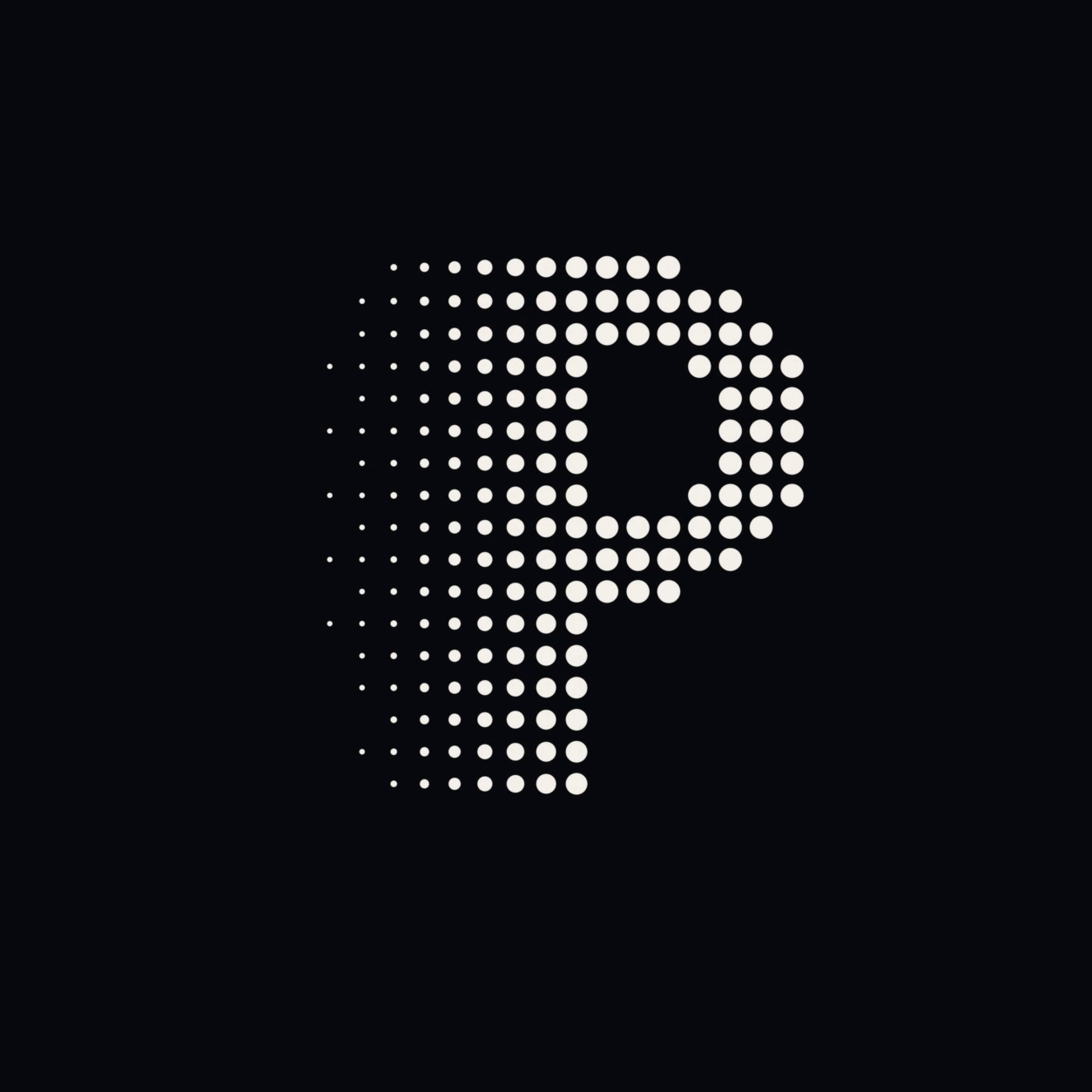 A dotted white P, the Plutonus identity mark, on a dark background.