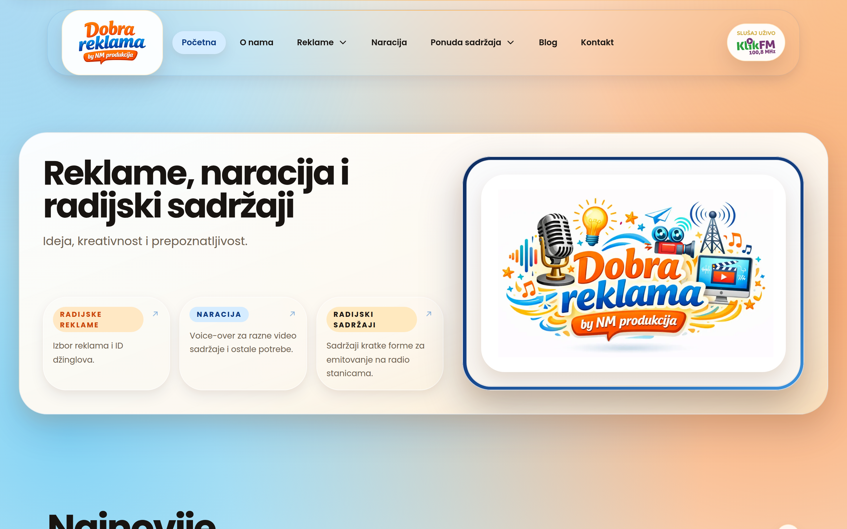 Dobrareklama homepage showing its radio advertising, voice-over and content services