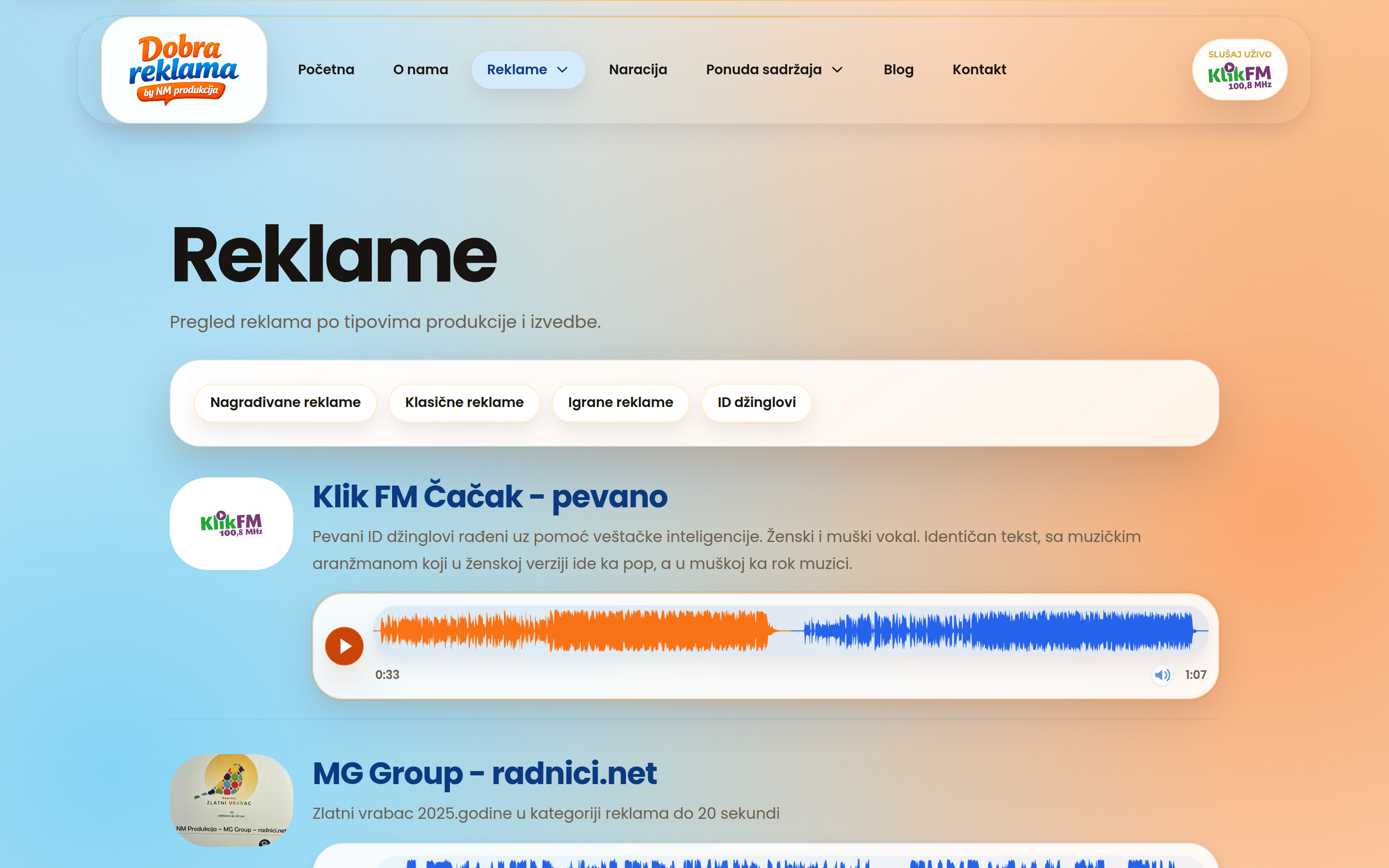 Dobrareklama portfolio listing with categorized audio work and waveform players